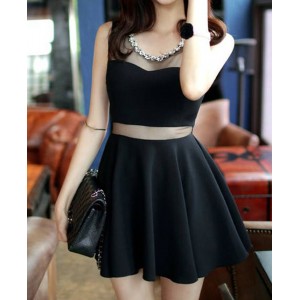 Sleeveless Solid Color Round Collar Slimming Mesh Splicing Sexy Dress For Women Black